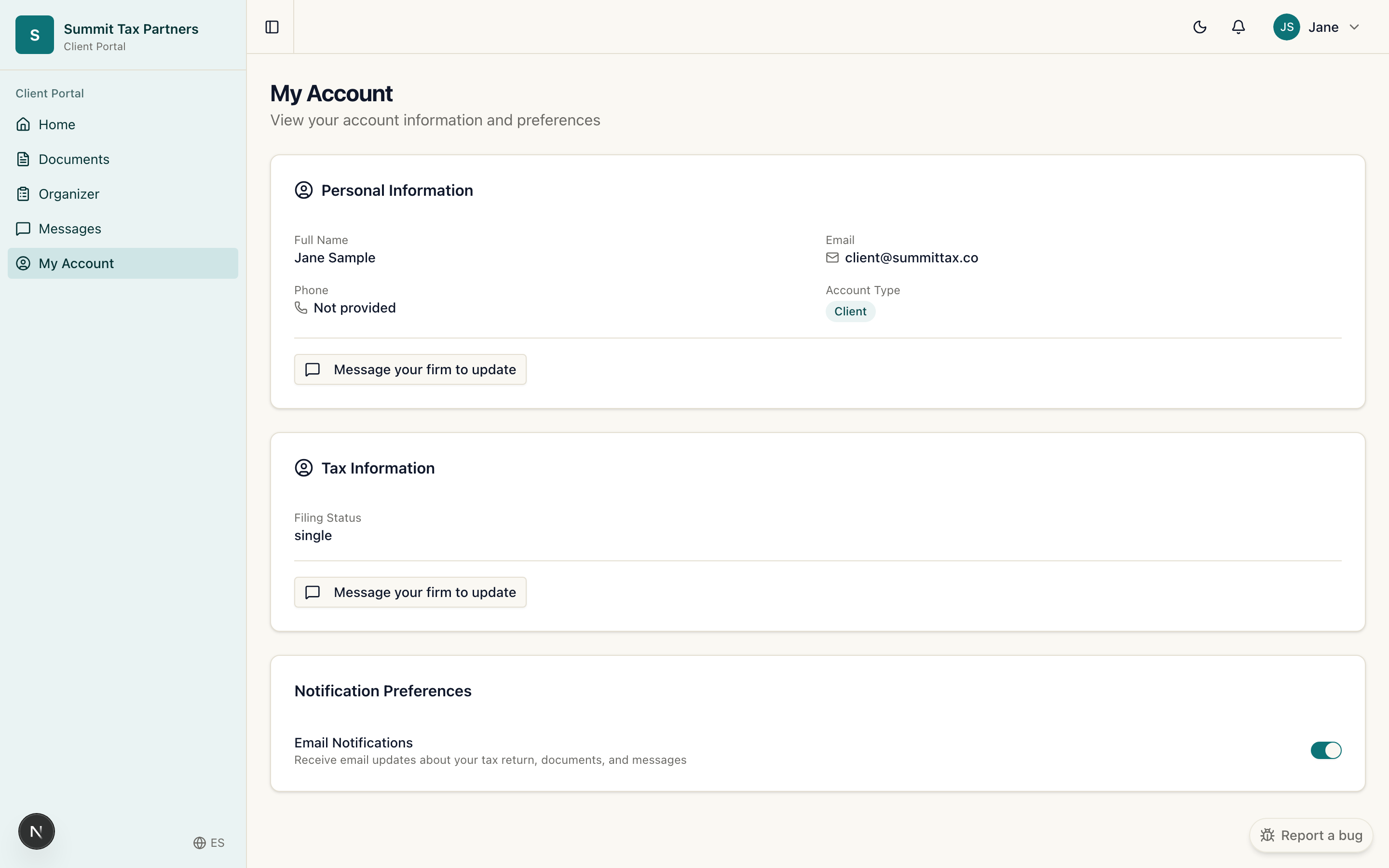 The client account settings page
