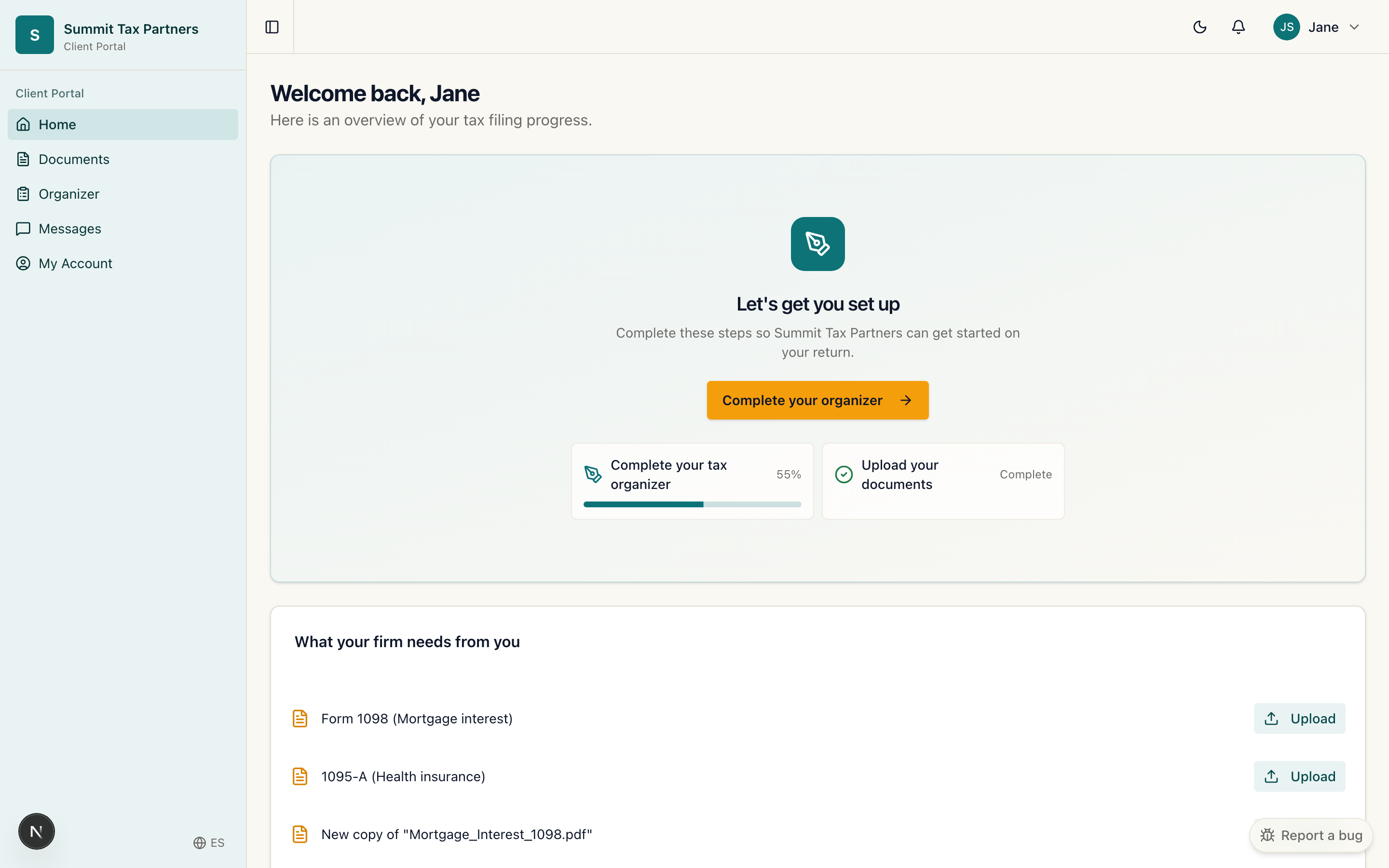 A client's FairFyn dashboard showing onboarding steps and return status
