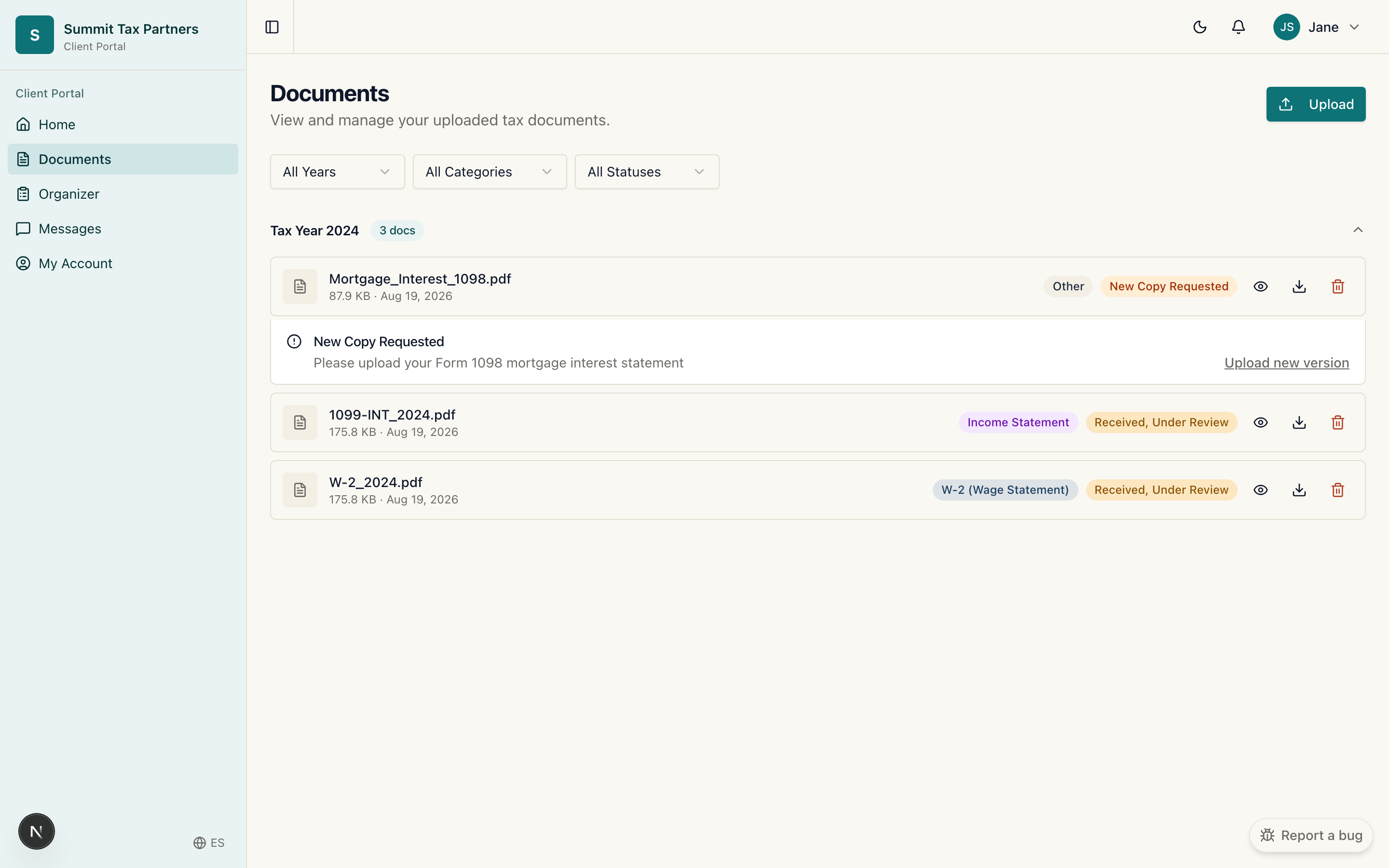 The client documents area with uploaded files and a request from the firm