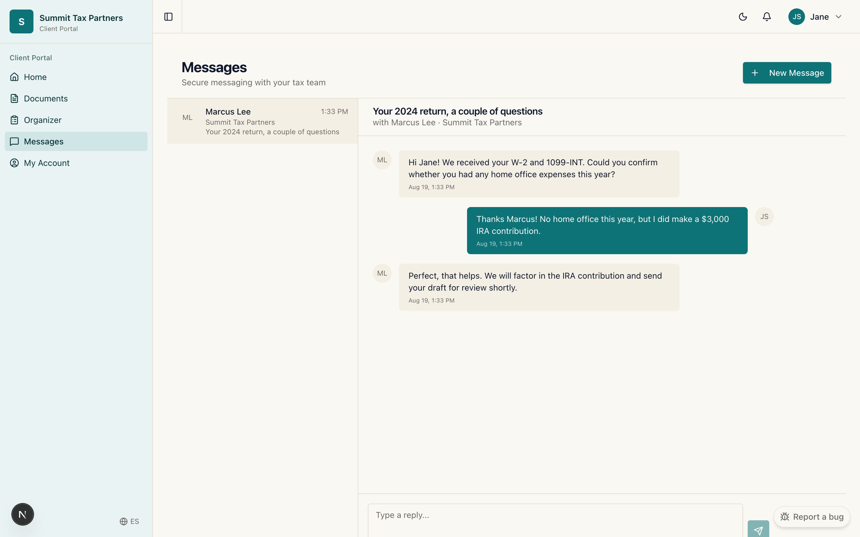 A message conversation between a client and their firm