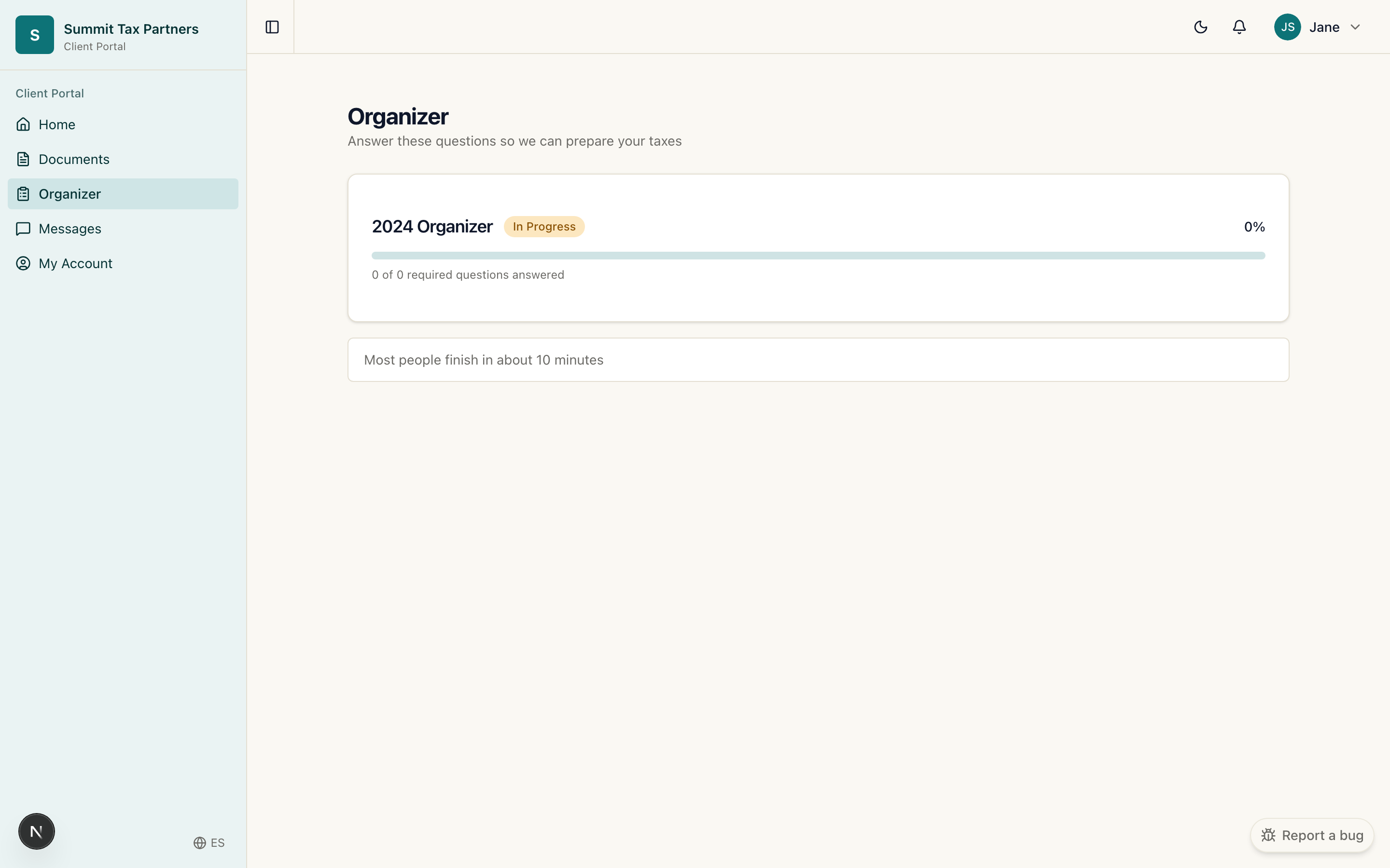 The tax organizer questionnaire in the client portal