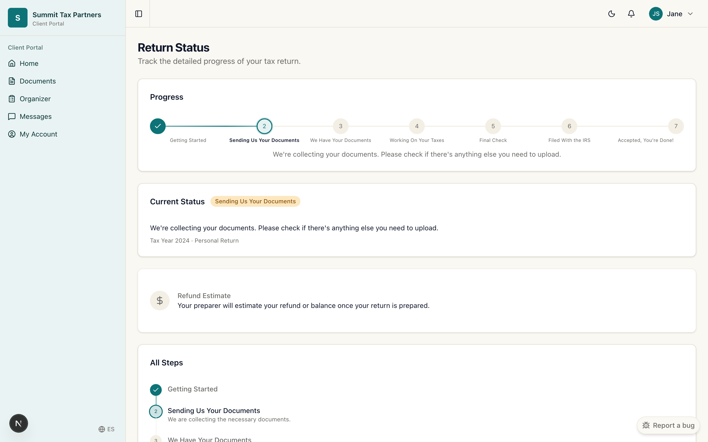 A client viewing their return status pipeline