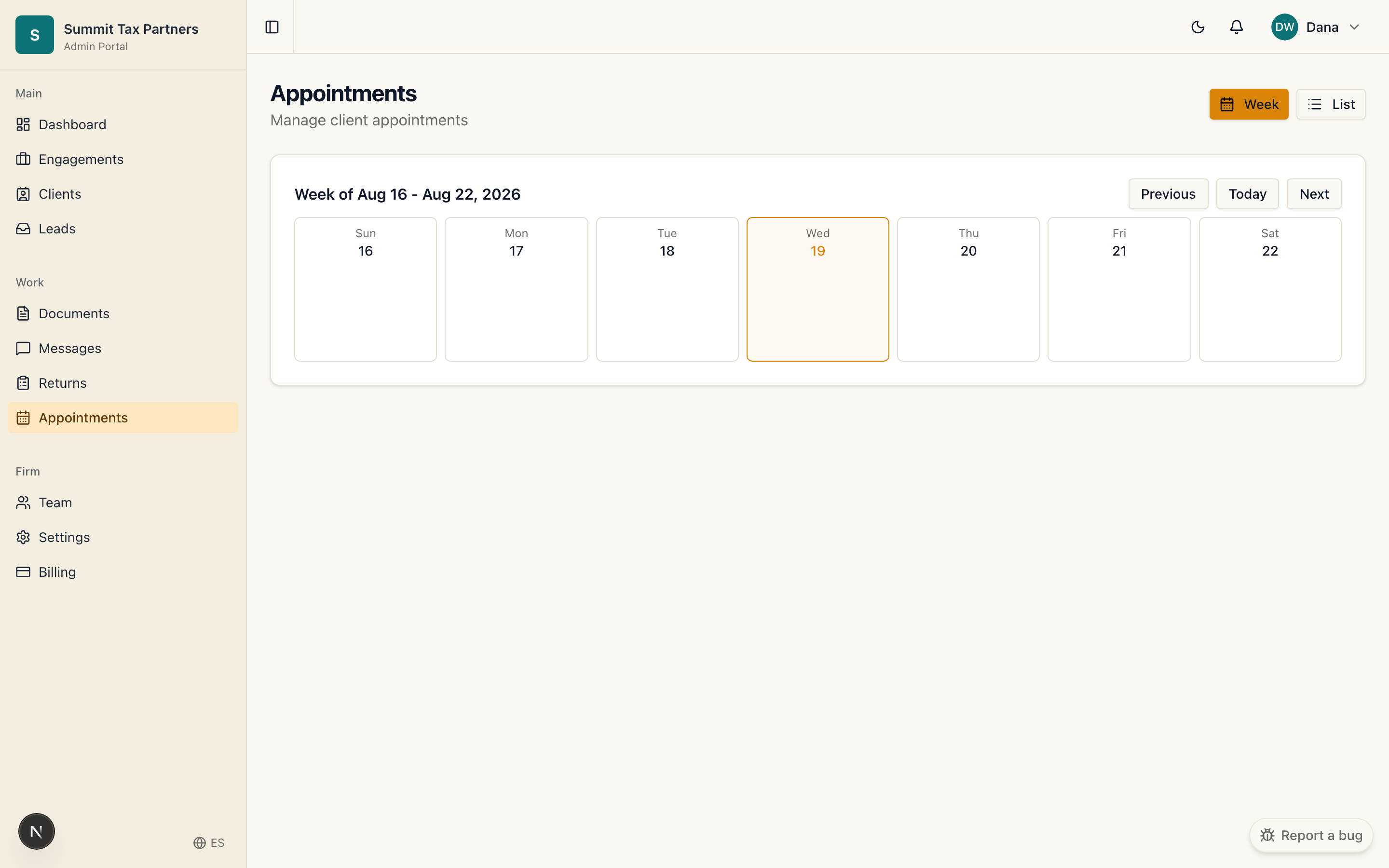 The firm appointments calendar
