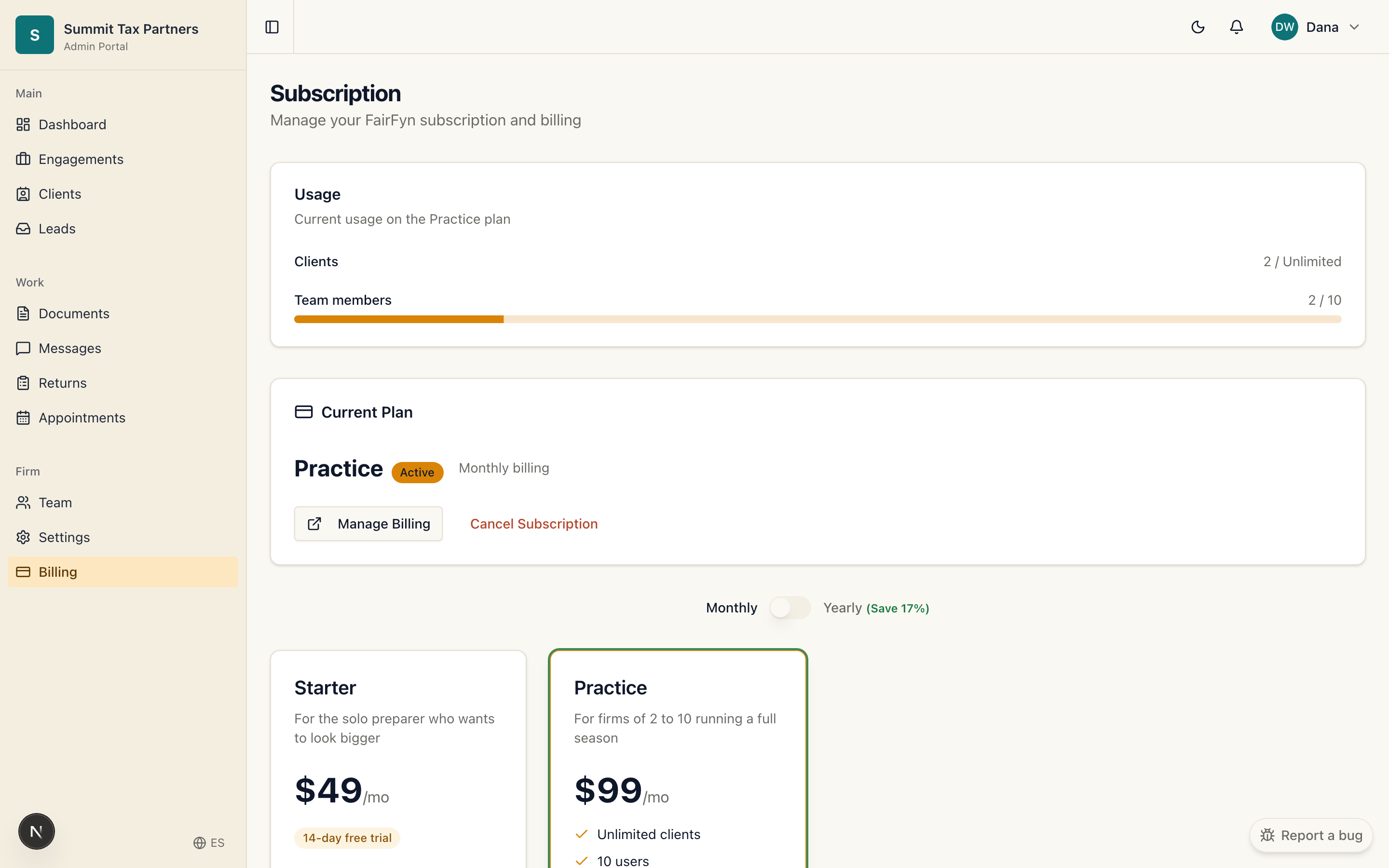 The firm billing and plan screen