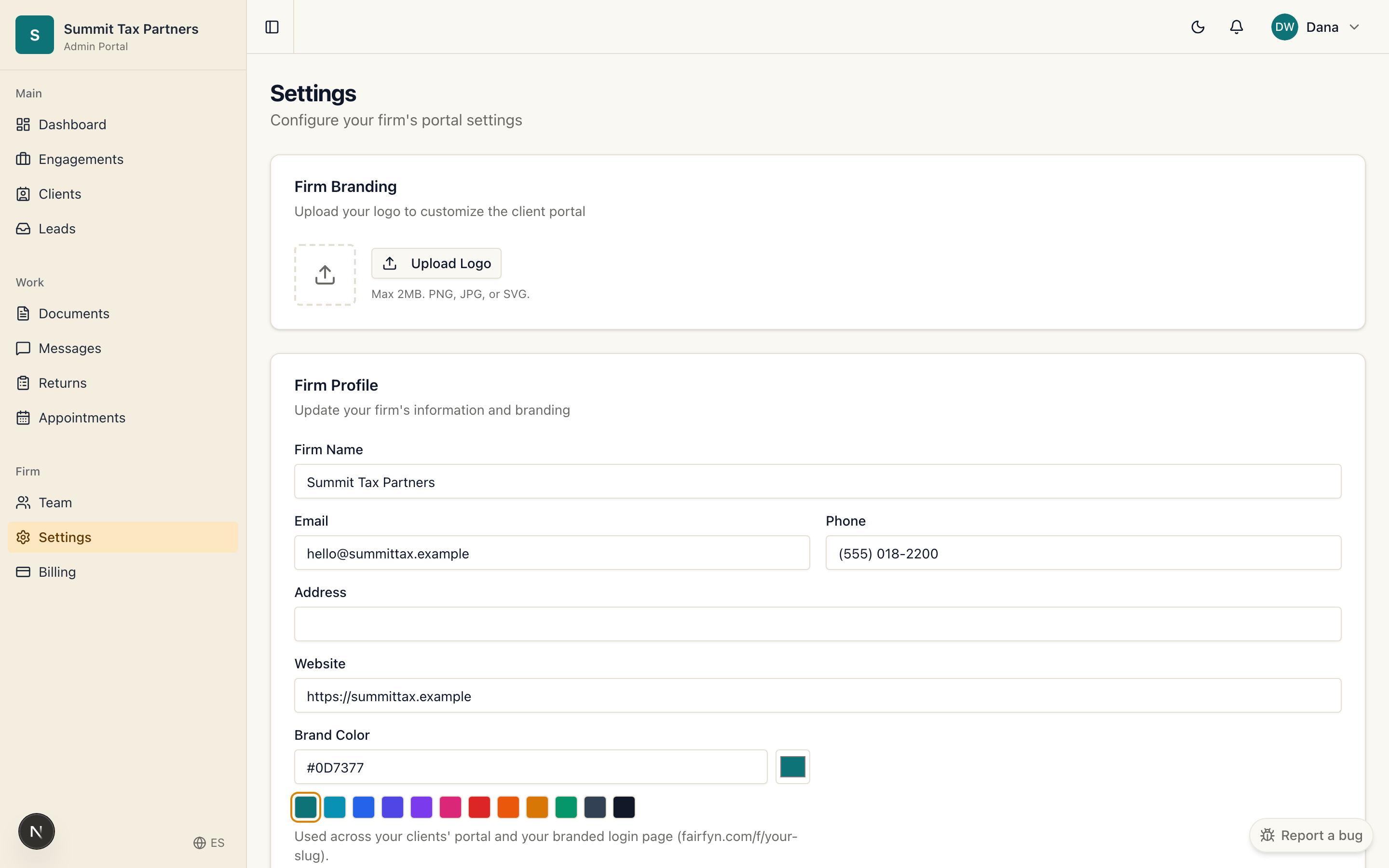 A firm configuring its logo and brand color in settings