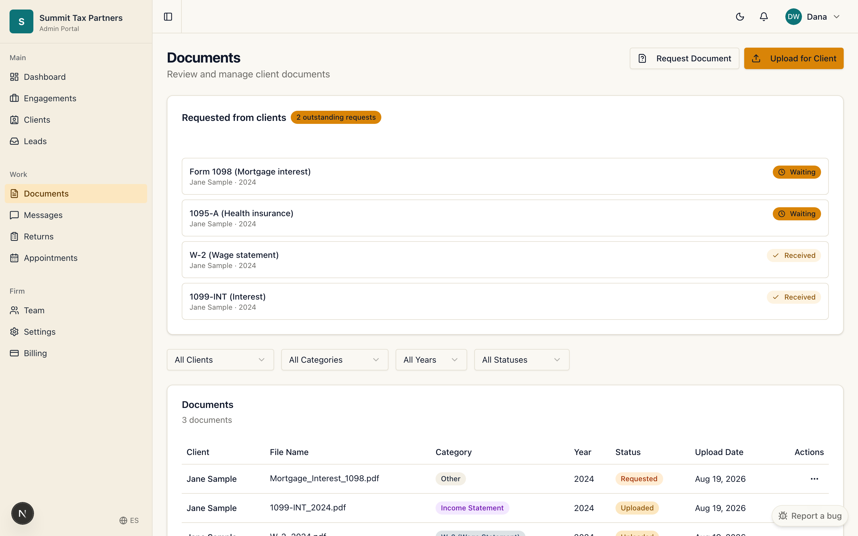 The firm documents area for reviewing and requesting client files