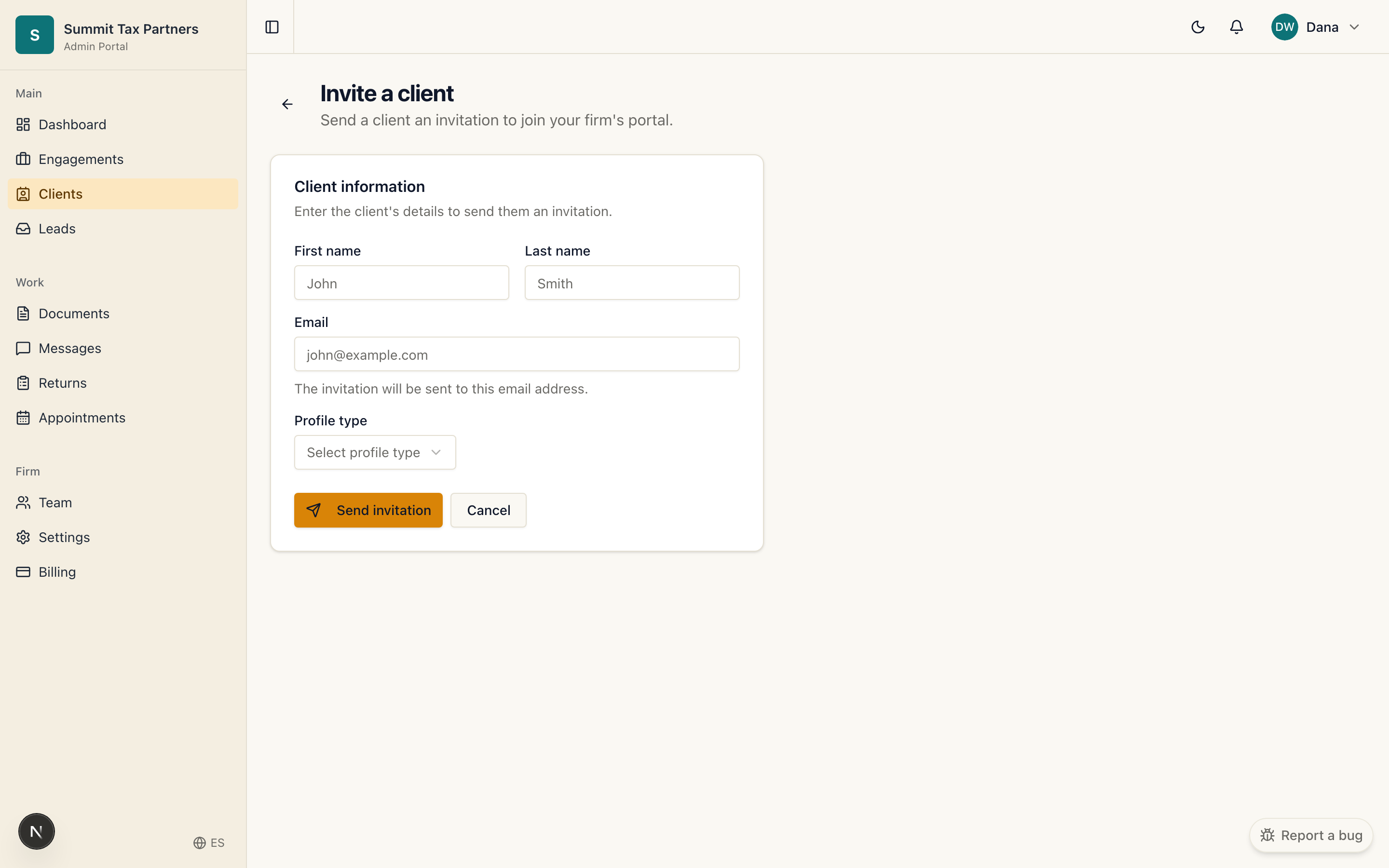 The invite-a-client screen in the firm portal
