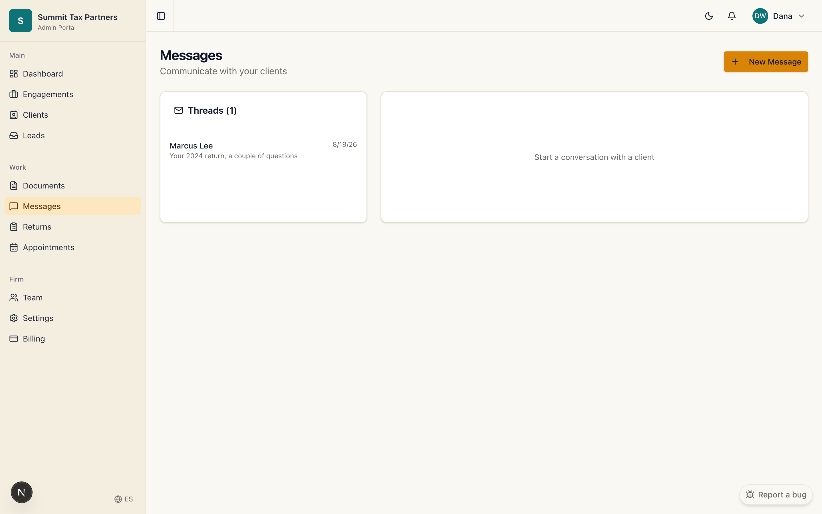 The firm messages area with client conversations