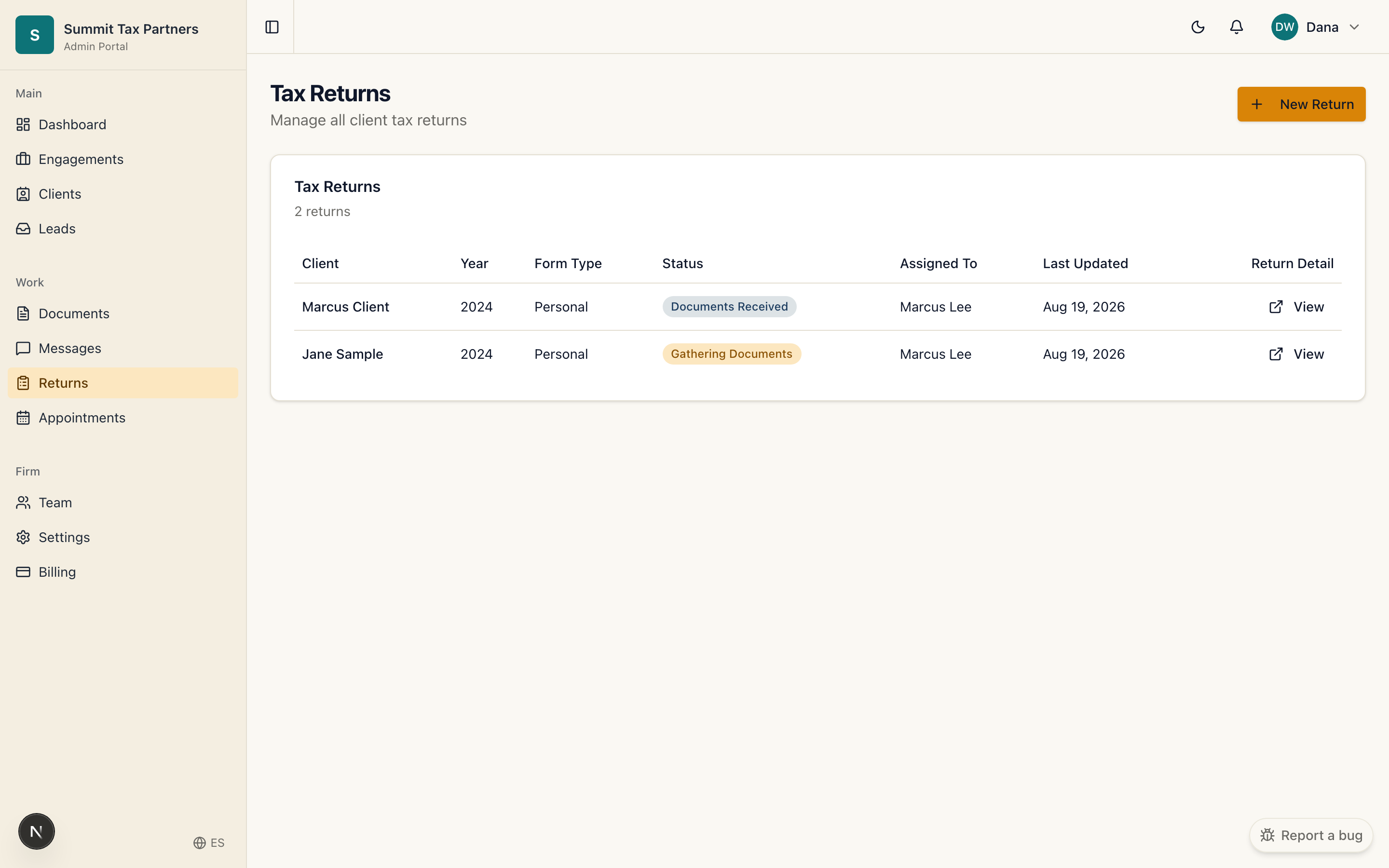 The firm returns area showing each return's status