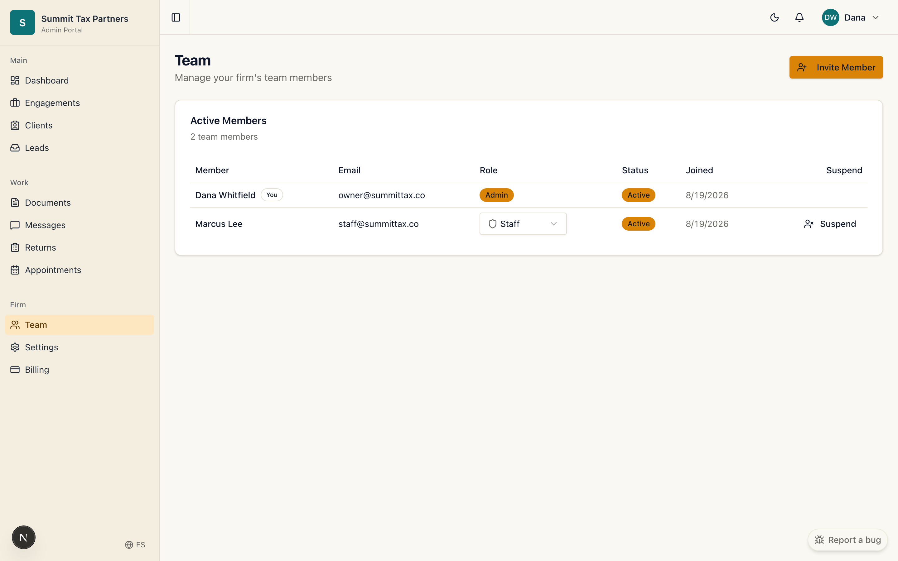 The firm team management screen