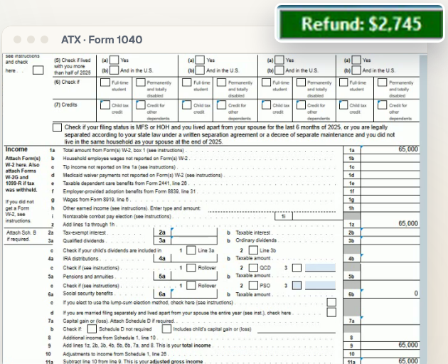A sample Form 1040 in ATX with the income lines filled in by Vayu, using made-up demo data